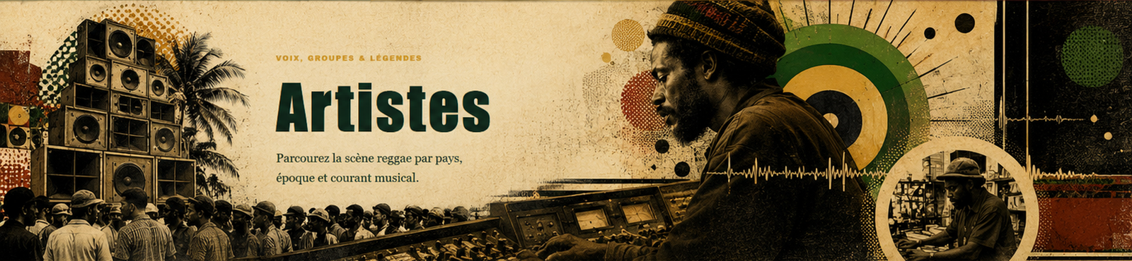Artistes — Voix, groupes et légendes. Parcourez la scène reggae par pays, époque et courant musical.